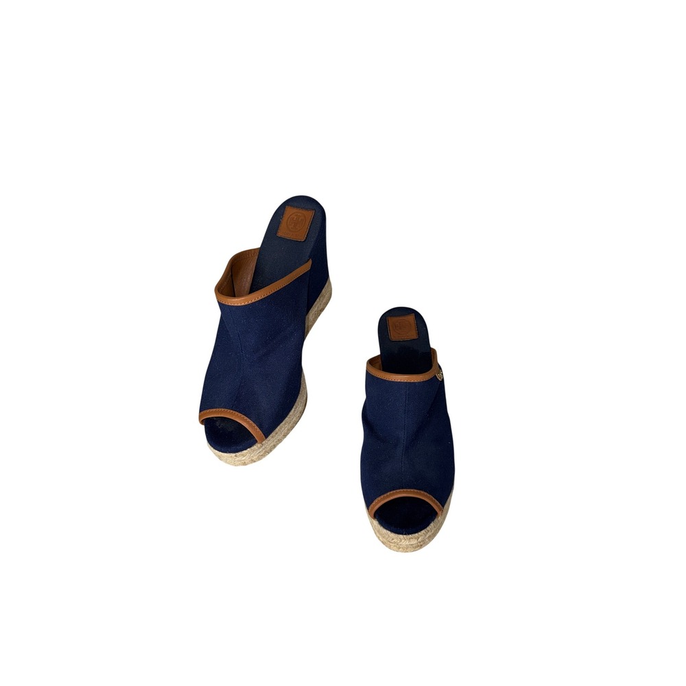 Tory Burch Navy Blue Canvas Espadrille Wedge Mules Tan Leather Trim 8.5
